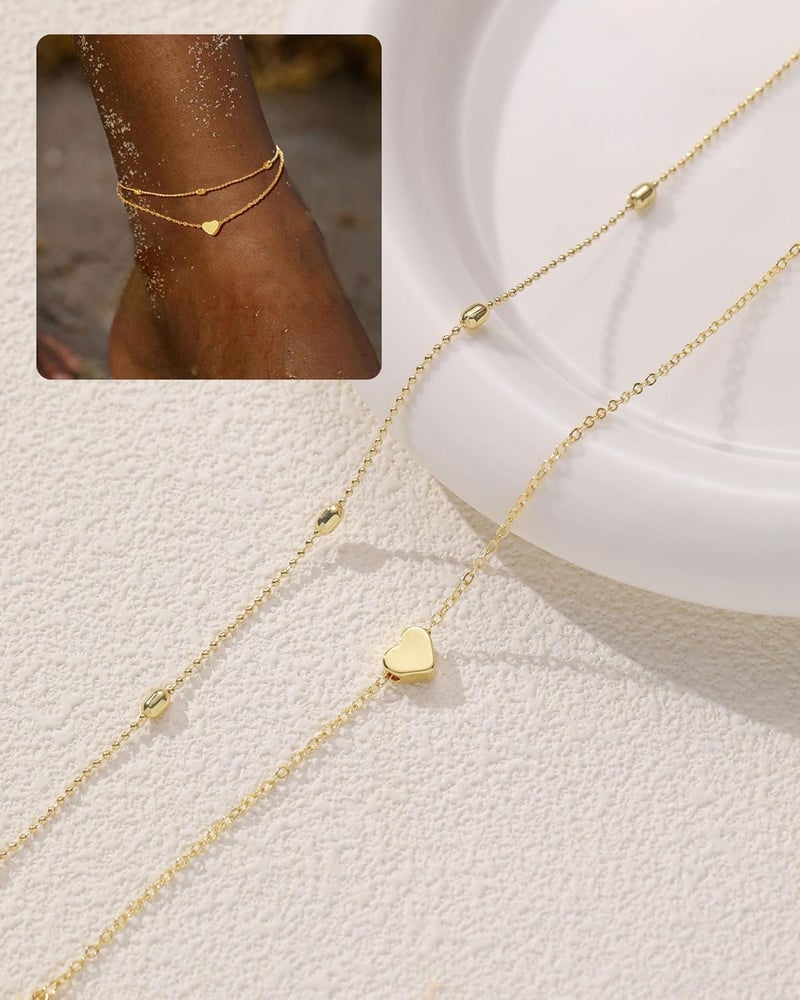 FUNEIA Gold Silver Ankle Bracelets for Women Waterproof 14K Gold Plated Anklets for Women Non Tarnish Dainty Layered Beaded Heart Anklet Set Summer Beach Foot Chain Jewelry Gifts Trendy Stuff - Image 2